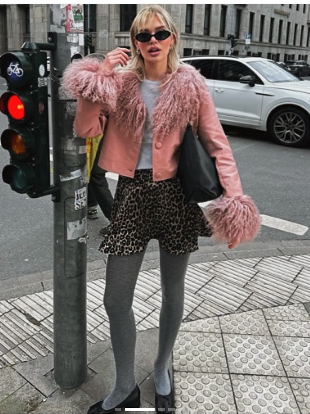 Charlotte Stone Pink Cropped Penny Leather Jacket with Shearling Trim